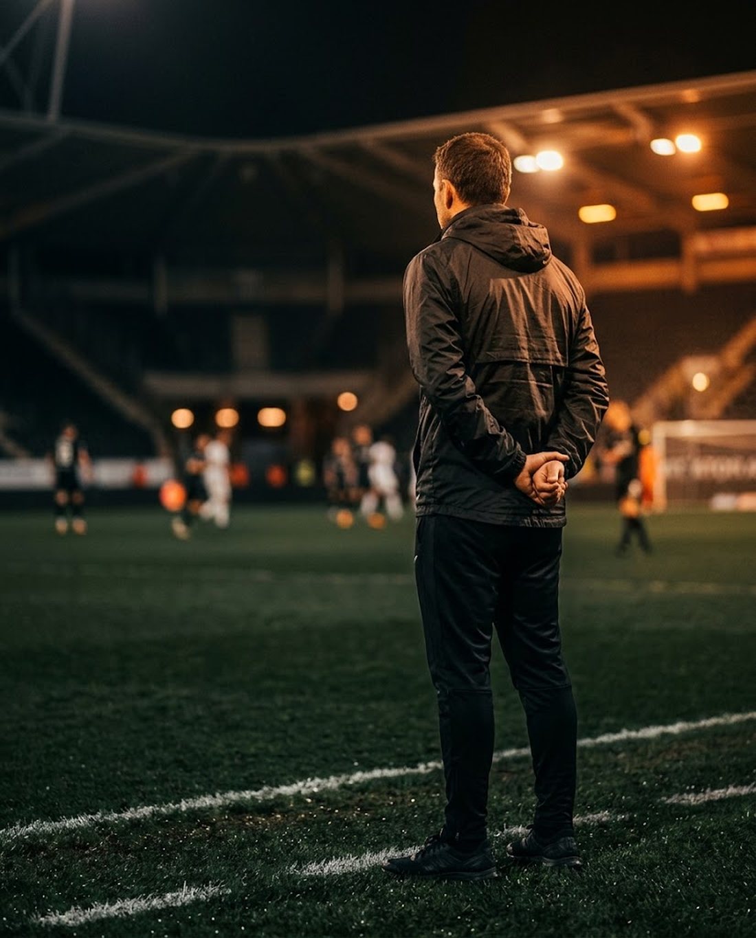 Entrenador de fútbol observando el entrenamiento desde la línea de banda